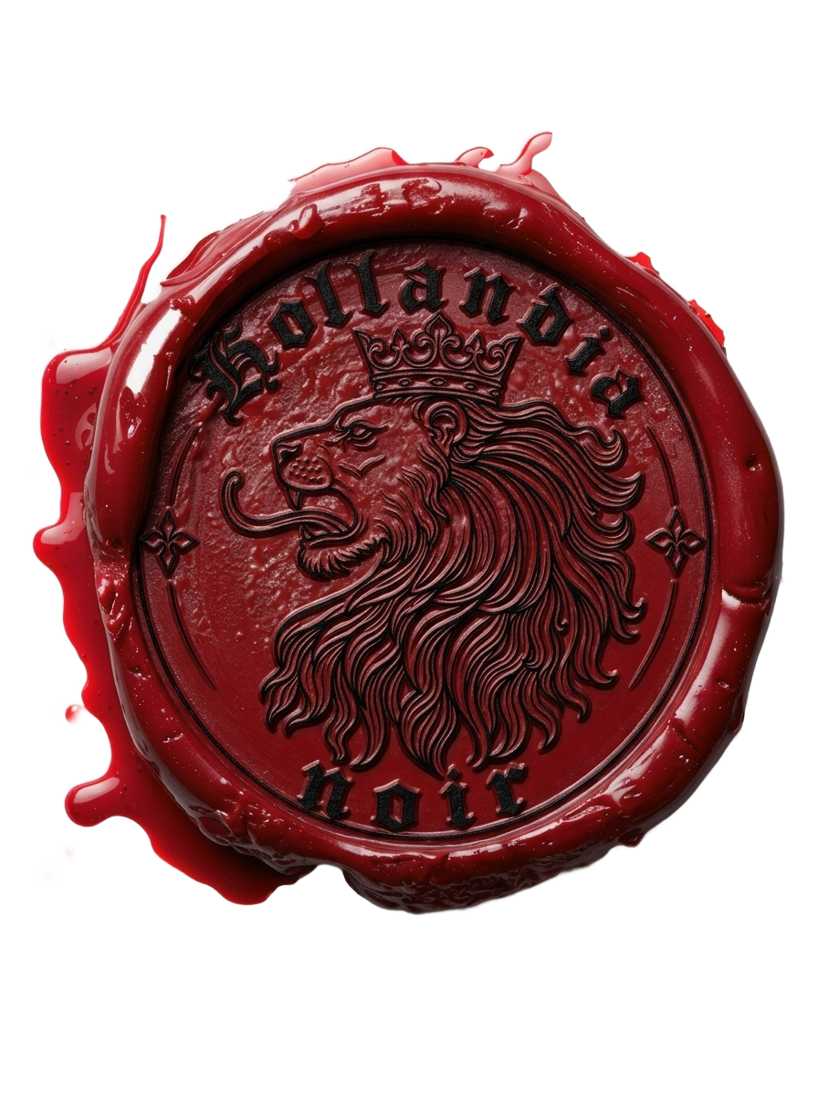 The Hollandia Noir wax seal — a crowned lion pressed in black wax